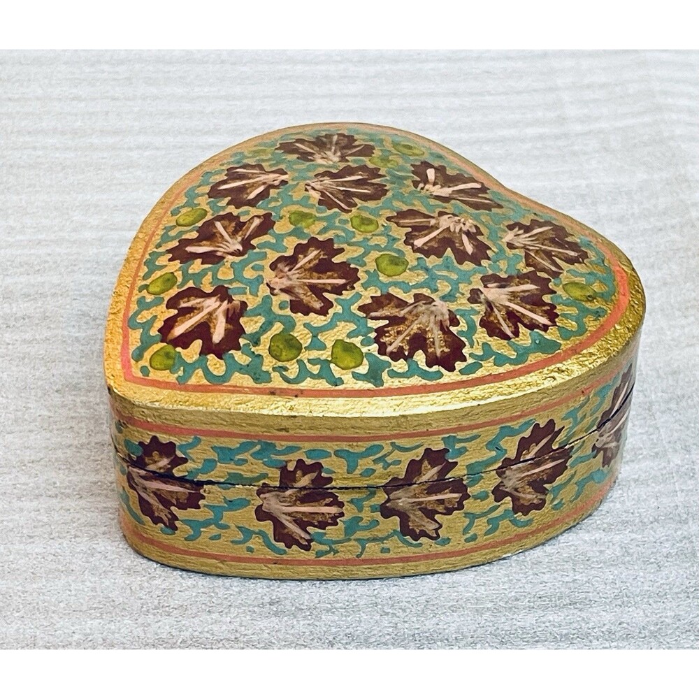Vintage Hand Painted Paper Mache Trinket Box Gold W Leaves Red Green 4"x4"x1.75"